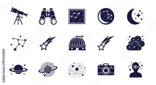 Collection of icons representing various astronomy and space exploration themes isolated on transparent background, isolated on white background, Vector Vector Art