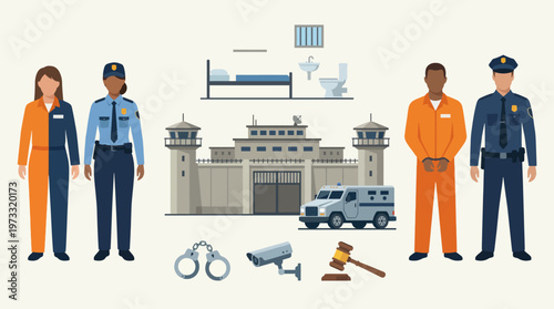 This image portrays law enforcement officers and inmates near a prison facility, emphasizing justice, security, and the structure of criminal justice systems.