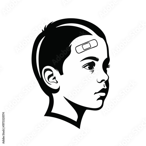 Boy with bandage on forehead vector illustration. Child injury and first aid concept. Profile of a kid with medical plaster isolated on transparent background