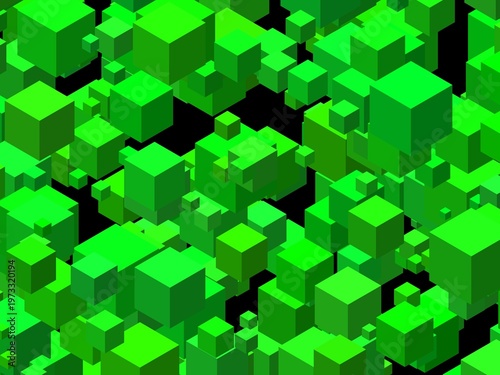 abstract cubes art green on black white border
