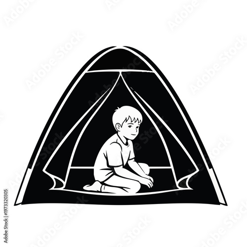 Boy sitting inside a tent silhouette. Child camping and playing vector illustration. Minimalist design isolated on transparent background