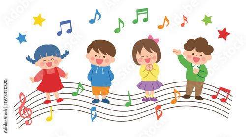 This cheerful illustration shows four joyful children singing together, embodying the spirit of friendship and creativity through music and playful expressions.