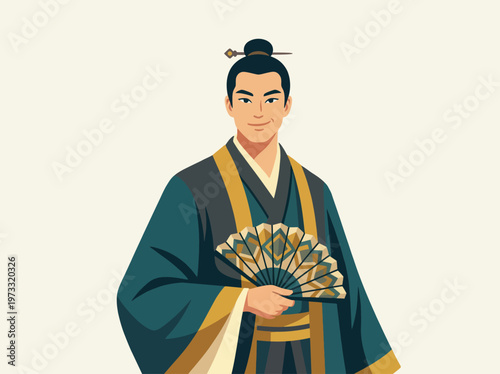 This art piece features a man elegantly dressed in traditional attire, holding a fan, showcasing the beauty of cultural heritage and historical fashion styles.