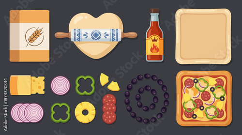 A colorful flatlay of pizza-making ingredients including dough, sauce, cheese, and toppings like pepperoni and vegetables, showcasing the joy of creating delicious food at home.