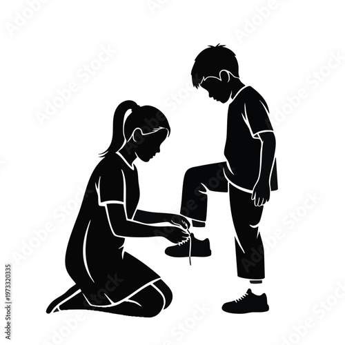 Girl tying boy's shoelaces silhouette. Kids helping each other vector illustration. Cooperation and kindness concept isolated