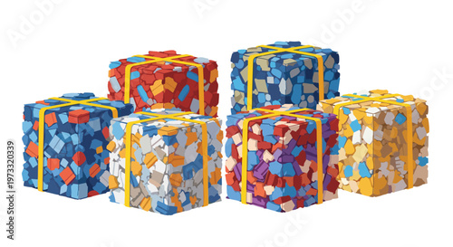 Six cubic blocks composed of compressed multi-colored plastic fragments are individually tied with bright yellow ribbons against a clean white backdrop.