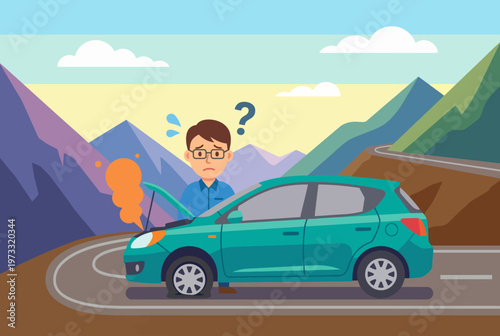 This illustration depicts a man confused by his broken down car on a mountain road, symbolizing frustration and unexpected challenges one may face during journeys.