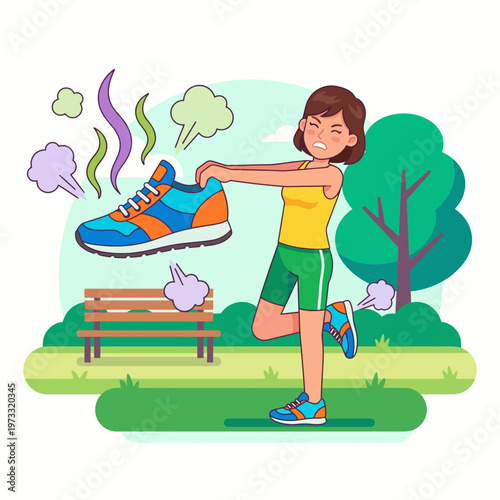 A cartoon-style illustration showing a person humorously dealing with a smelly shoe while standing in a park, highlighting the themes of cleanliness and daily life challenges.