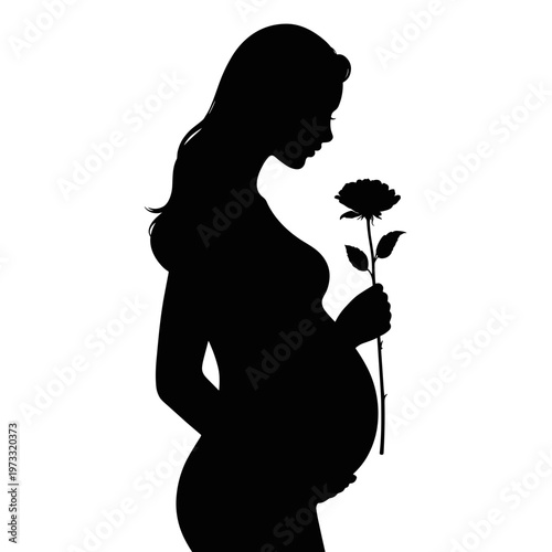 Pregnant woman holding flower silhouette in side view, maternity tenderness and waiting for baby concept, isolated black figure for greeting card or baby shower design
