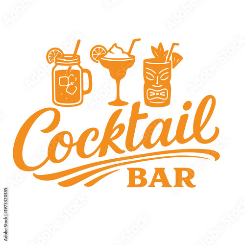 Cocktail bar logo with citrus drinks and decorative glasses illustration
