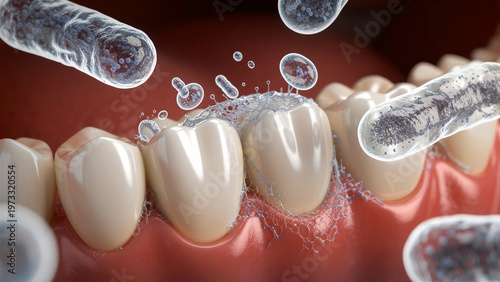 Microscopic view of microscopic bacteria attacking white human teeth causing decay while floating around the gum line area to indicate potential oral hygiene health issues and advanced dental