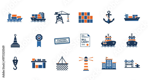 Illustrations of maritime and port operations icons isolated on transparent background, isolated on white background, Vector
