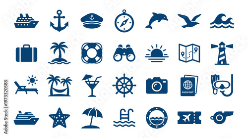 Collection of blue travel and vacation icons representing cruise ships, anchors, hats, compasses, dolphins, birds, waves, suitcases, palm trees, lifebuoys, binoculars, sunrises, maps, lighthouses, lou