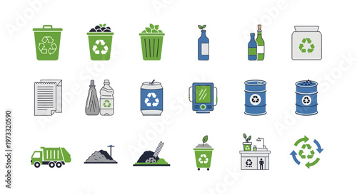 Illustrations of recycling and waste management symbols and processes isolated on transparent background, isolated on white background, Vector