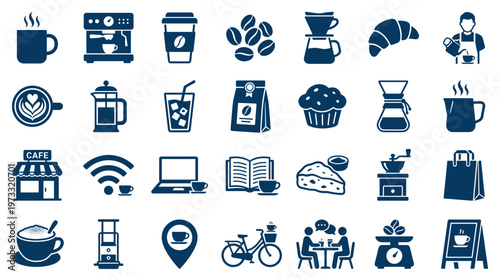 Collection of coffee shop icons and symbols representing cafe culture and beverage preparation for graphic design and branding