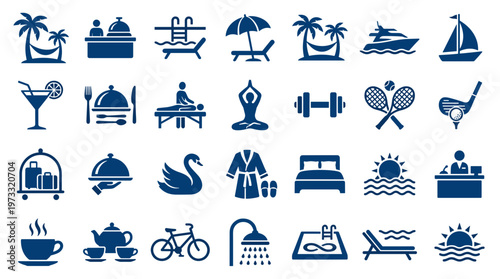 Collection of hotel and resort icons representing amenities and services for vacationers and travelers