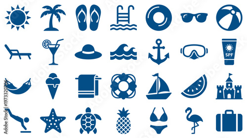 Collection of blue summer vacation icons representing beach activities travel relaxation and tropical leisure symbols for holiday design