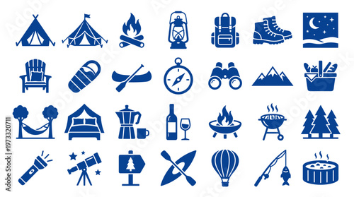 Collection of blue camping and outdoor adventure icons representing tents sleeping bags canoes compass binoculars mountains and campfire for travel and leisure activities
