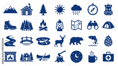 Collection of blue outdoor adventure and camping icons representing nature travel and recreation activities like hiking fishing and exploration