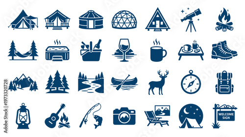 Collection of camping and outdoor adventure icons representing various activities and equipment for nature exploration and recreation