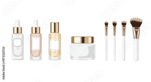 Elegant glass serum droppers and a luxurious gold-capped cream jar are displayed alongside a set of professional white-handled makeup brushes on a white backdrop.