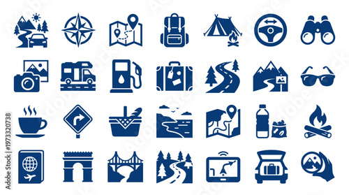 Collection of travel and adventure icons representing journey planning, transportation, accommodation, and outdoor activities for vacation and exploration themes