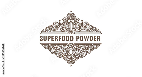 Vintage Superfood Powder Logo Emblem with Ornate Scrollwork and Floral Accents
