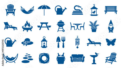 Collection of outdoor leisure and garden icons representing relaxation and outdoor activities like gardening and entertaining