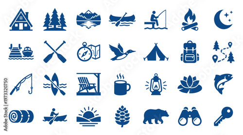 Collection of outdoor recreation and nature icons representing camping fishing boating hiking and wildlife adventures in a blue color palette