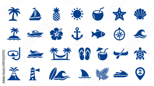 Collection of blue summer vacation icons and symbols for travel and leisure activities on a white background