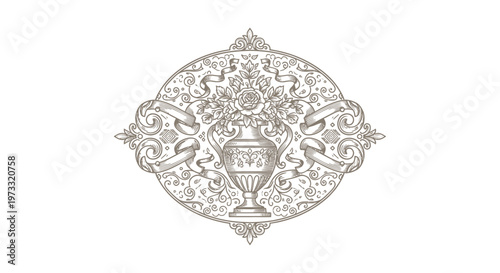 Vintage Engraved Floral Ornament with Urn and Ribbons, Decorative Element