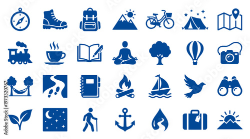 Collection of blue icons representing outdoor activities travel and lifestyle hobbies like hiking camping and relaxation with symbols for nature and adventure