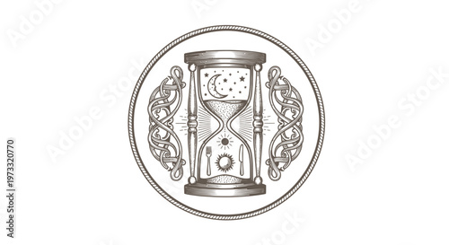 Vintage Hourglass Celestial Night Sky Engraving Symbol