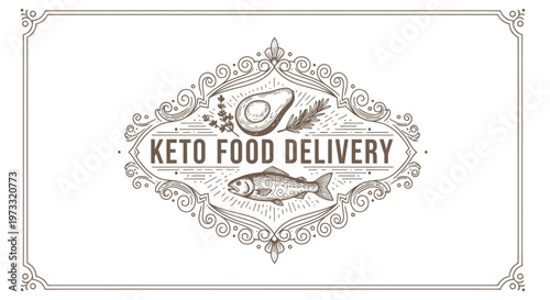 Keto Food Delivery Vintage Engraved Emblem with Avocado and Fish