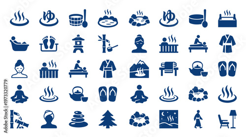 Collection of spa and wellness icons representing relaxation massage hot springs and healthy lifestyle elements for beauty and self care concepts
