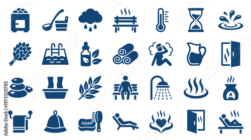 Collection of spa and sauna icons representing relaxation wellness and hygiene with steam towels and bathing elements