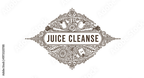 Vintage Engraved Juice Cleanse Emblem with Fruits and Vegetables