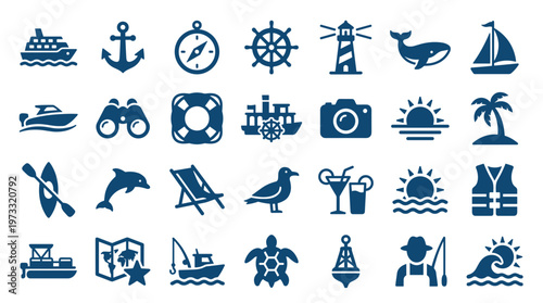 Nautical and marine icons set representing travel leisure and ocean activities like sailing fishing and beach vacation with symbols of ships animals and navigation tools