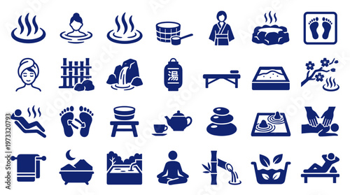 Collection of Japanese Onsen and Spa Icons representing relaxation wellness and traditional bathing culture with steam and natural elements