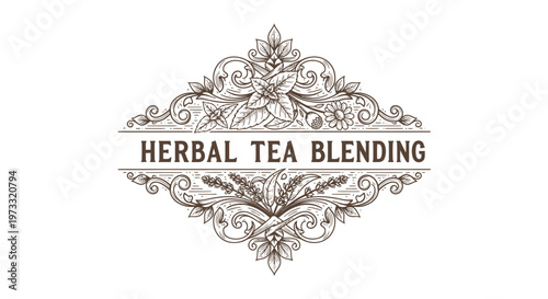 Vintage Herbal Tea Blending Logo with Ornate Engraved Flourishes and Botanicals
