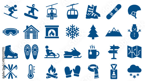 Collection of winter sport icons and symbols representing outdoor activities and seasonal fun