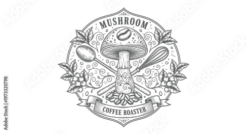 Mushroom Coffee Roaster Emblem - Vintage Engraved Style Logo