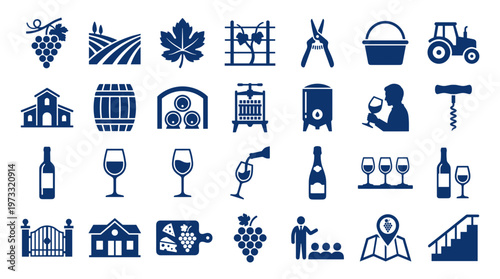 Collection of wine and vineyard icons representing viticulture from grape growing to wine tasting and production