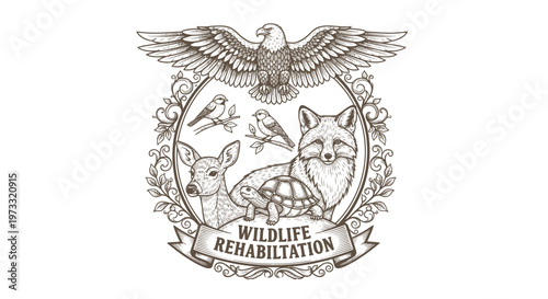 Vintage Wildlife Rehabilitation Emblem with Eagle, Fox, Deer, Birds, Turtle
