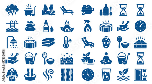Collection of spa and wellness icons representing relaxation massage aromatherapy hot tub sauna and self care for health and beauty