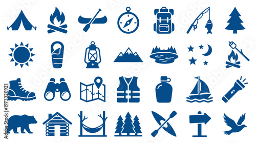 Collection of blue camping and outdoor adventure icons representing activities like hiking fishing and relaxation in nature