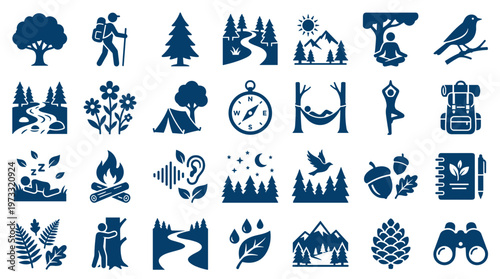 Collection of outdoor recreation and nature icons representing hiking camping yoga nature sounds and healthy lifestyle