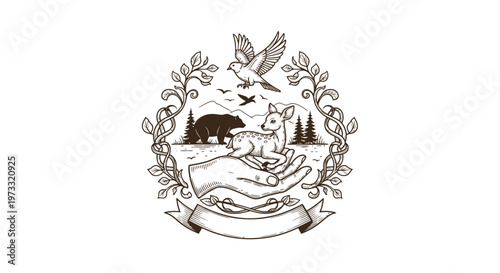 Vintage Wildlife Emblem: Hand Caring for Fawn, Bear, Birds, Nature