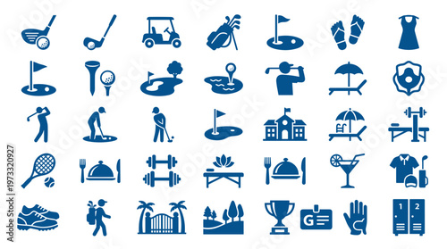 Collection of golf and sports icons representing leisure activities and healthy lifestyle with equipment and facilities