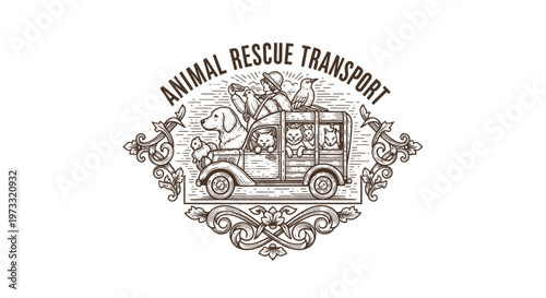 Vintage Animal Rescue Transport Logo with Dogs and Cats in Truck